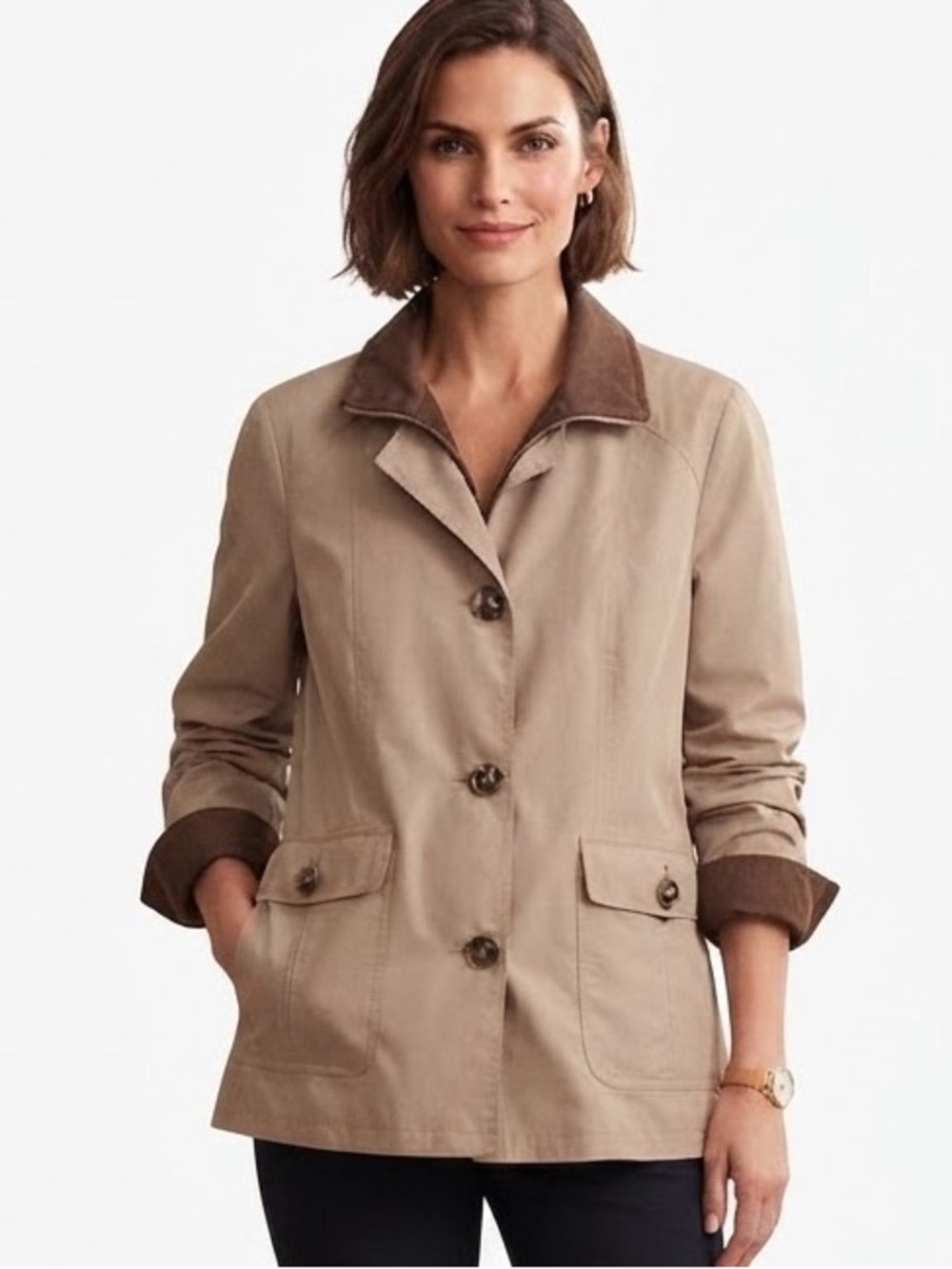 Gallery Two-Tone Tan Jacket with Brown Trim and detachable liner